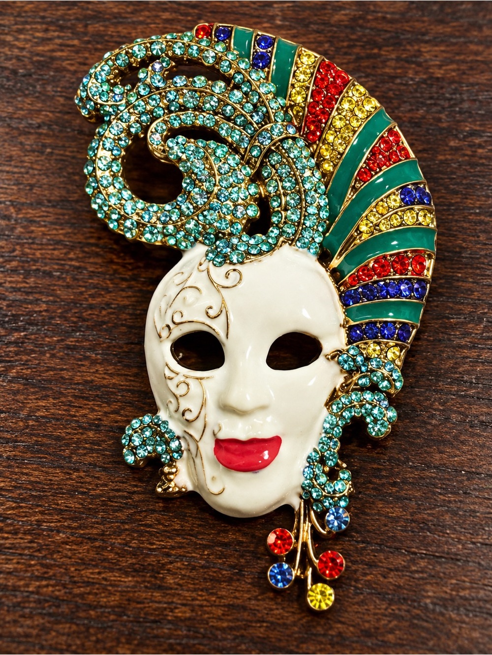 Jeweled Venetian Mask Brooch – 3.5” x 2”